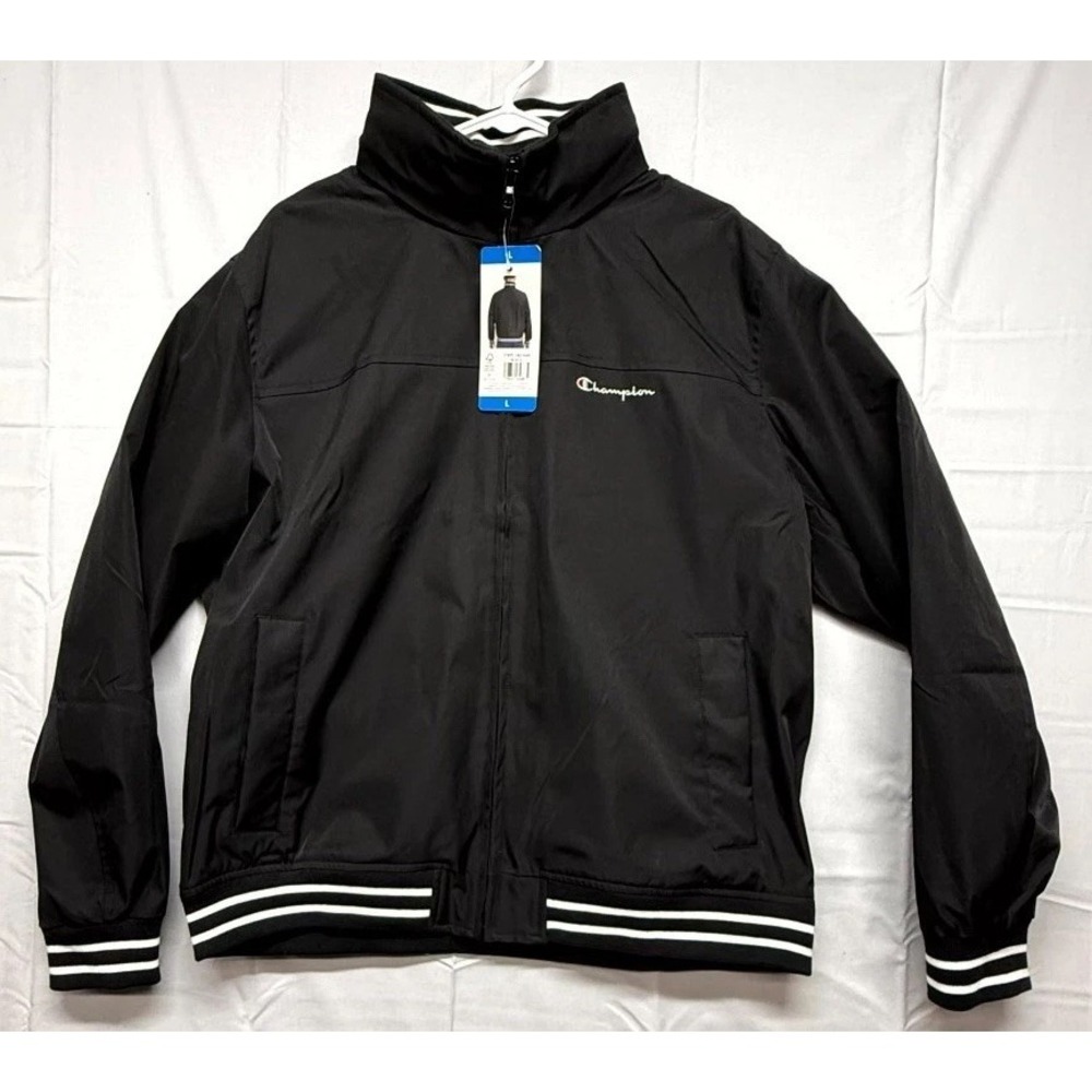 Champion Jacket Mens Large Black Striped Wind Rain Resistant Full Zip Mock Neck